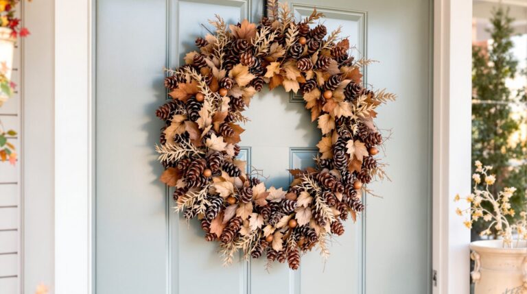 Élégance automnale : une couronne de porte en pommes de pin pour un accueil chaleureux