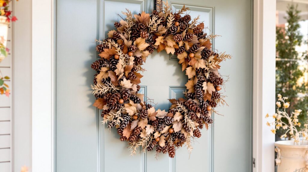 Élégance automnale : une couronne de porte en pommes de pin pour un accueil chaleureux
