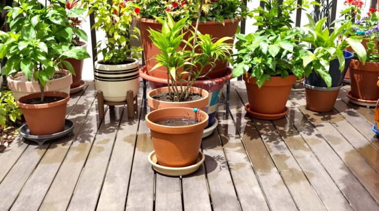 Plantes en pot sur terrasse bois : poids, arrosage, traces — le guide anti‑galère