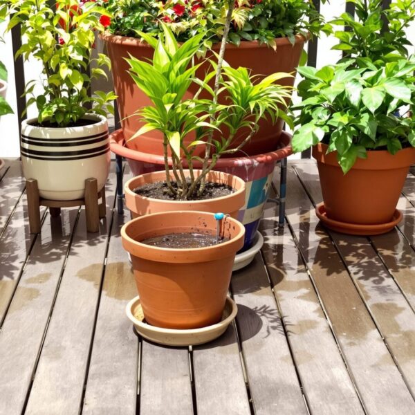 Plantes en pot sur terrasse bois : poids, arrosage, traces — le guide anti‑galère